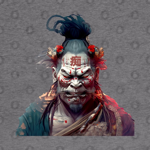 Wrath of a Samurai No. 2: Oni Transformation  -- Perturbed Samurai with the word for "Idiot", "Stupid" in kanji (痴 [chī] ) on his forehead no background by Puff Sumo